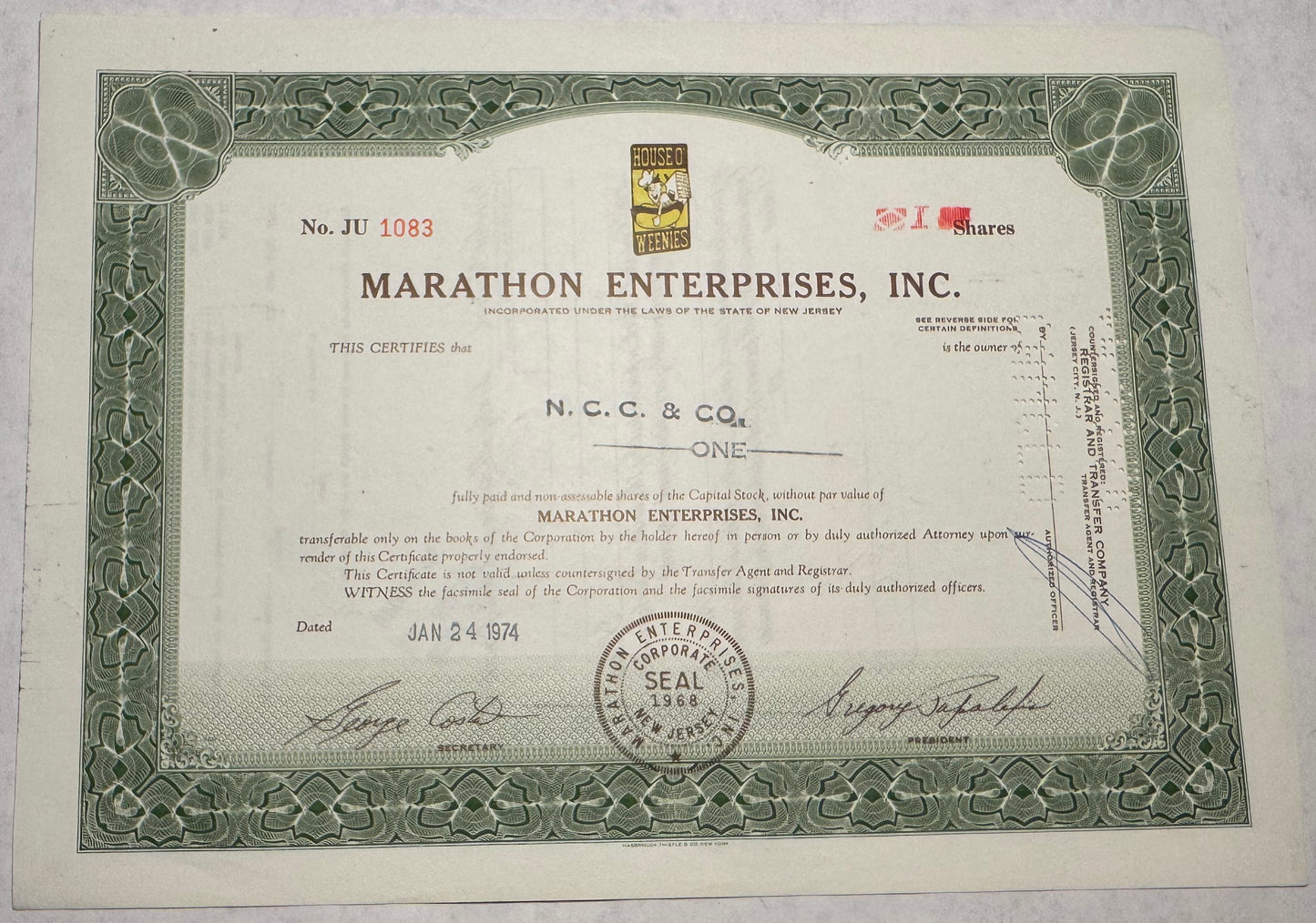 Marathon Enterprises Inc - now Sabrett Hotdogs (House O' Weenies) Stock Certificate