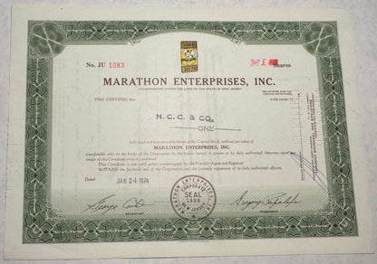 Marathon Enterprises Inc - now Sabrett Hotdogs (House O' Weenies) Stock Certificate