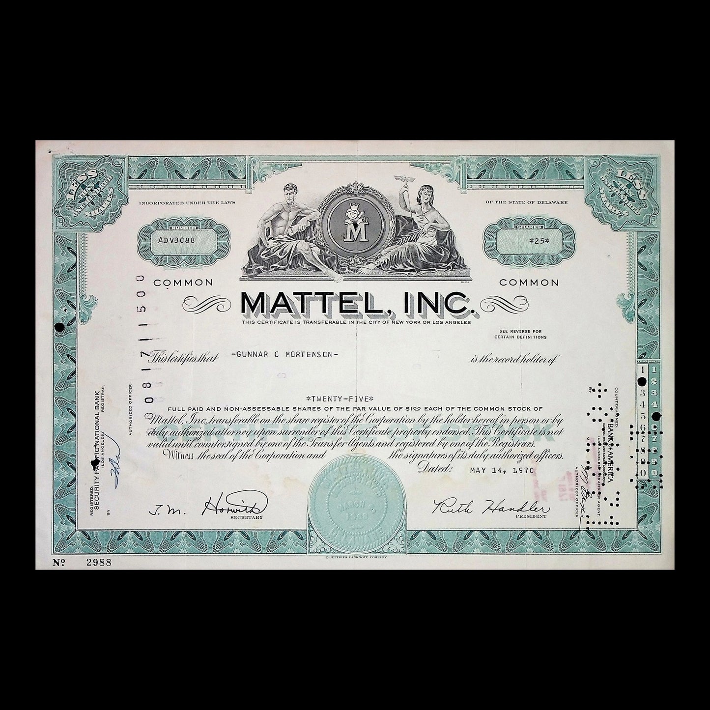 美泰公司股票证书（玩具公司）$MAT，20 世纪 70 年代