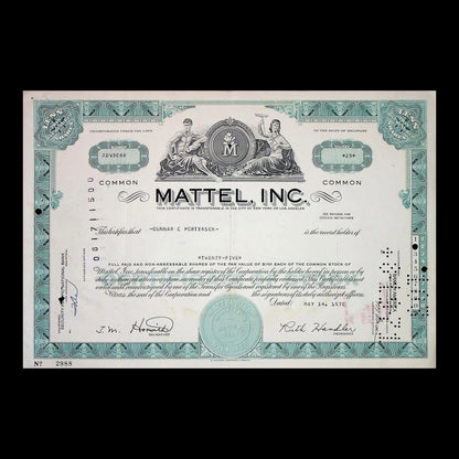 美泰公司股票证书（玩具公司）$MAT，20 世纪 70 年代