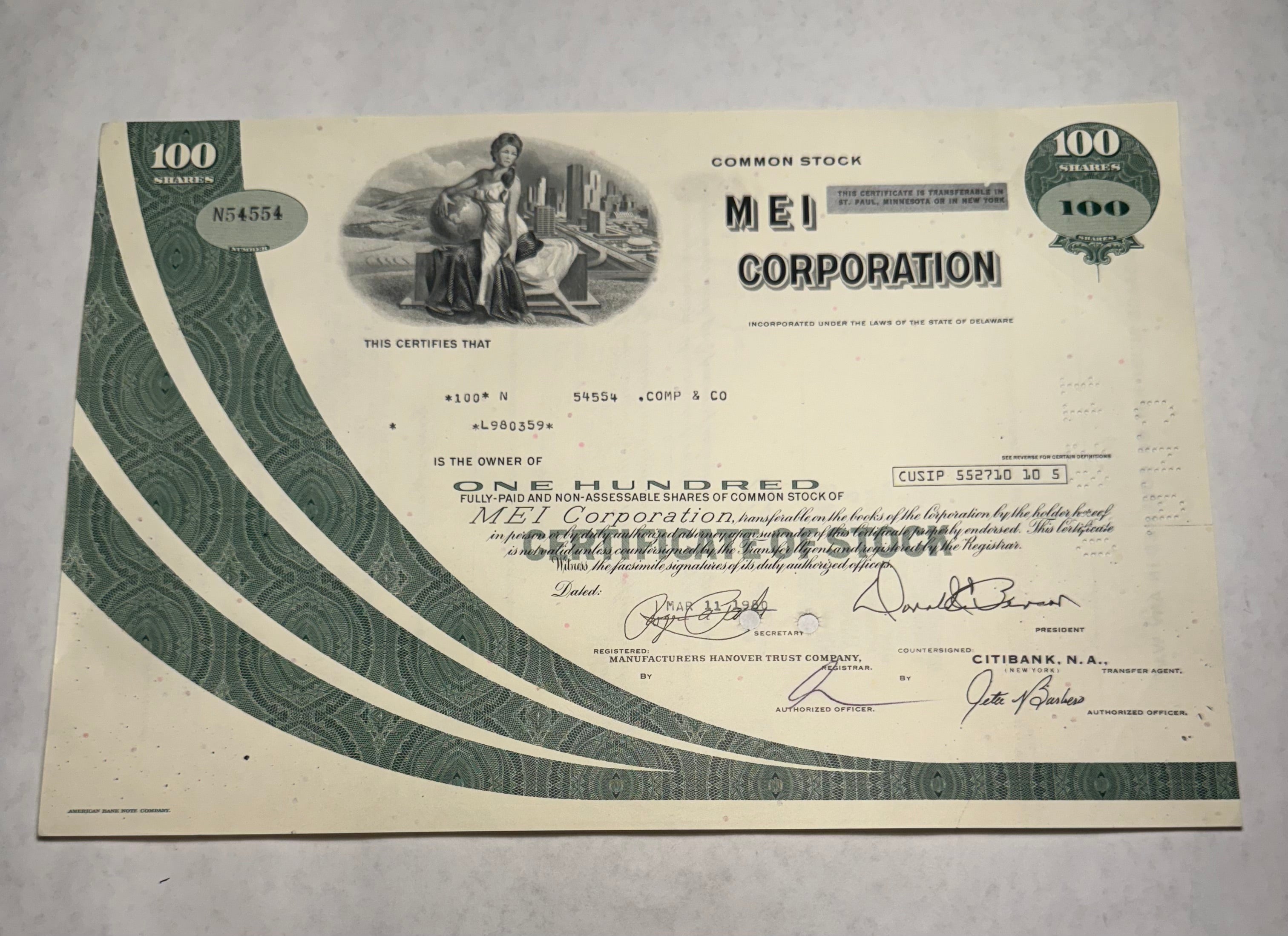 MEI Corporation Stock Certificate Ticker History