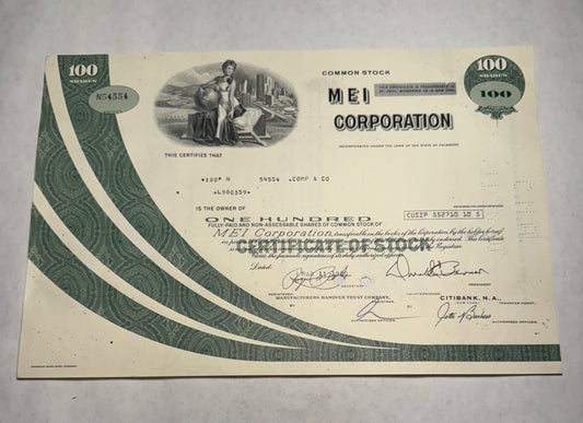 green stock certificate from MEI Corporation