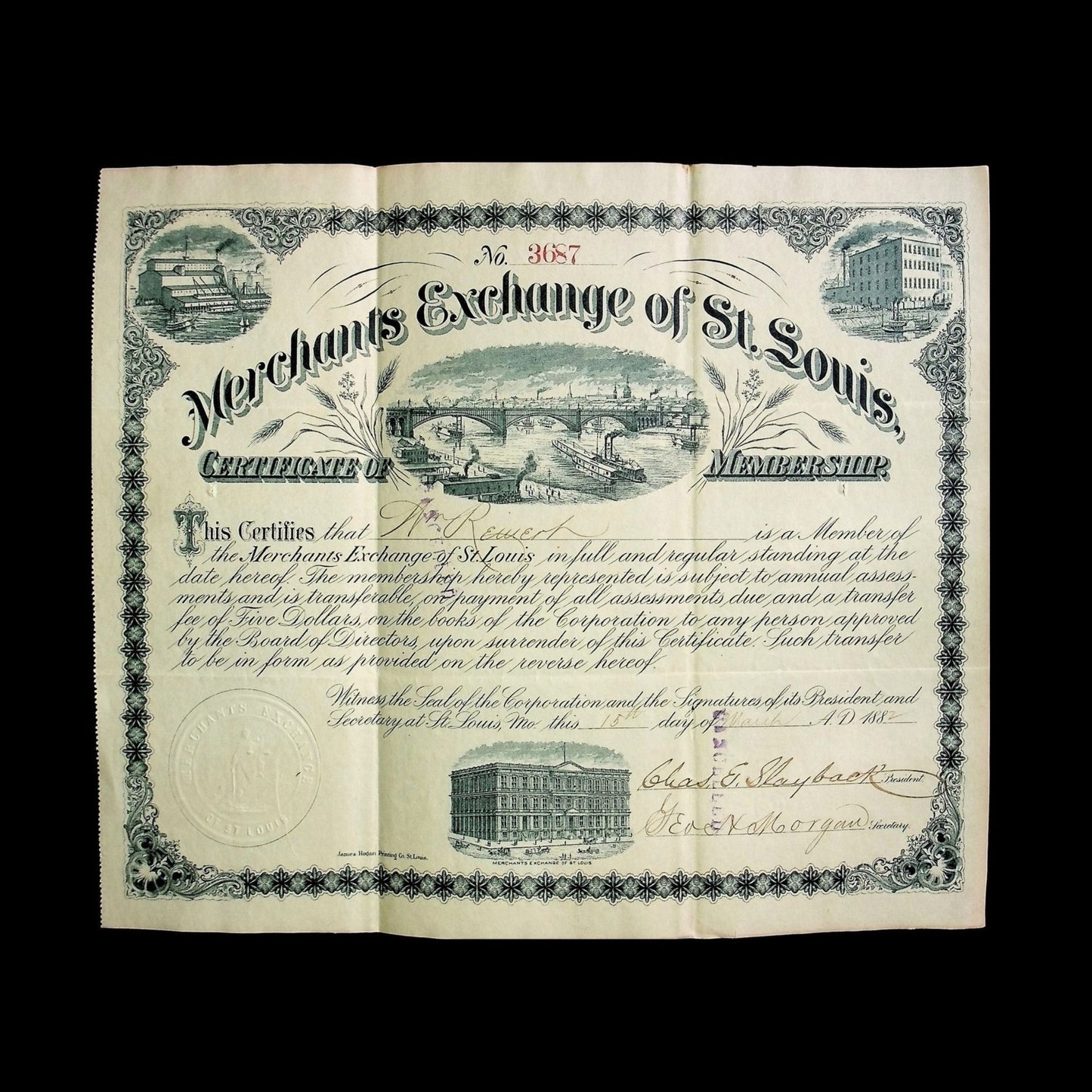 Merchants Exchange of St. Louis Membership Certificate from 1800s