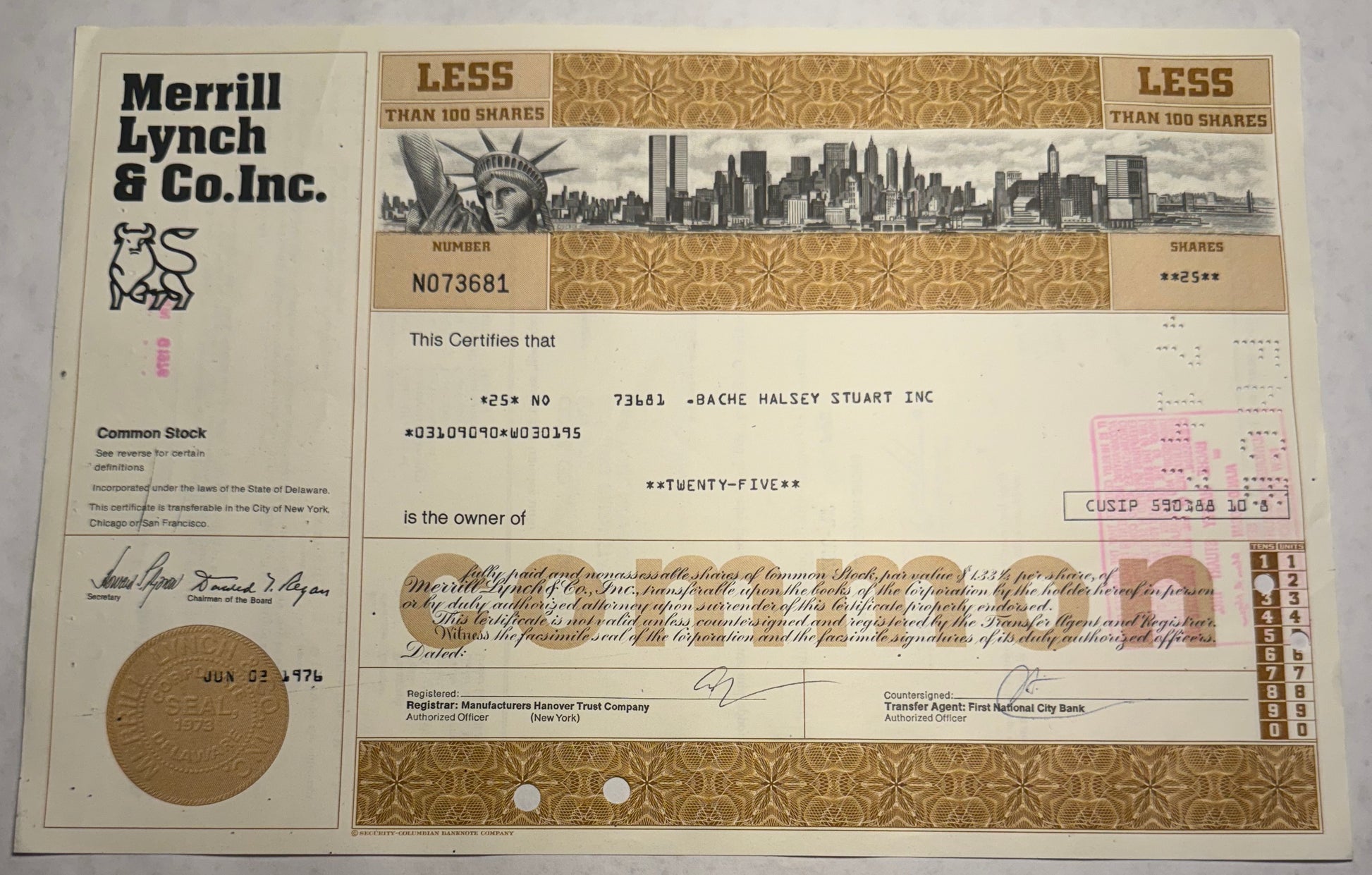 Merrill Lynch & Co Stock Certificate brown certificate with statue of liberty and NYC skyline with twin towers. Issued in 1976