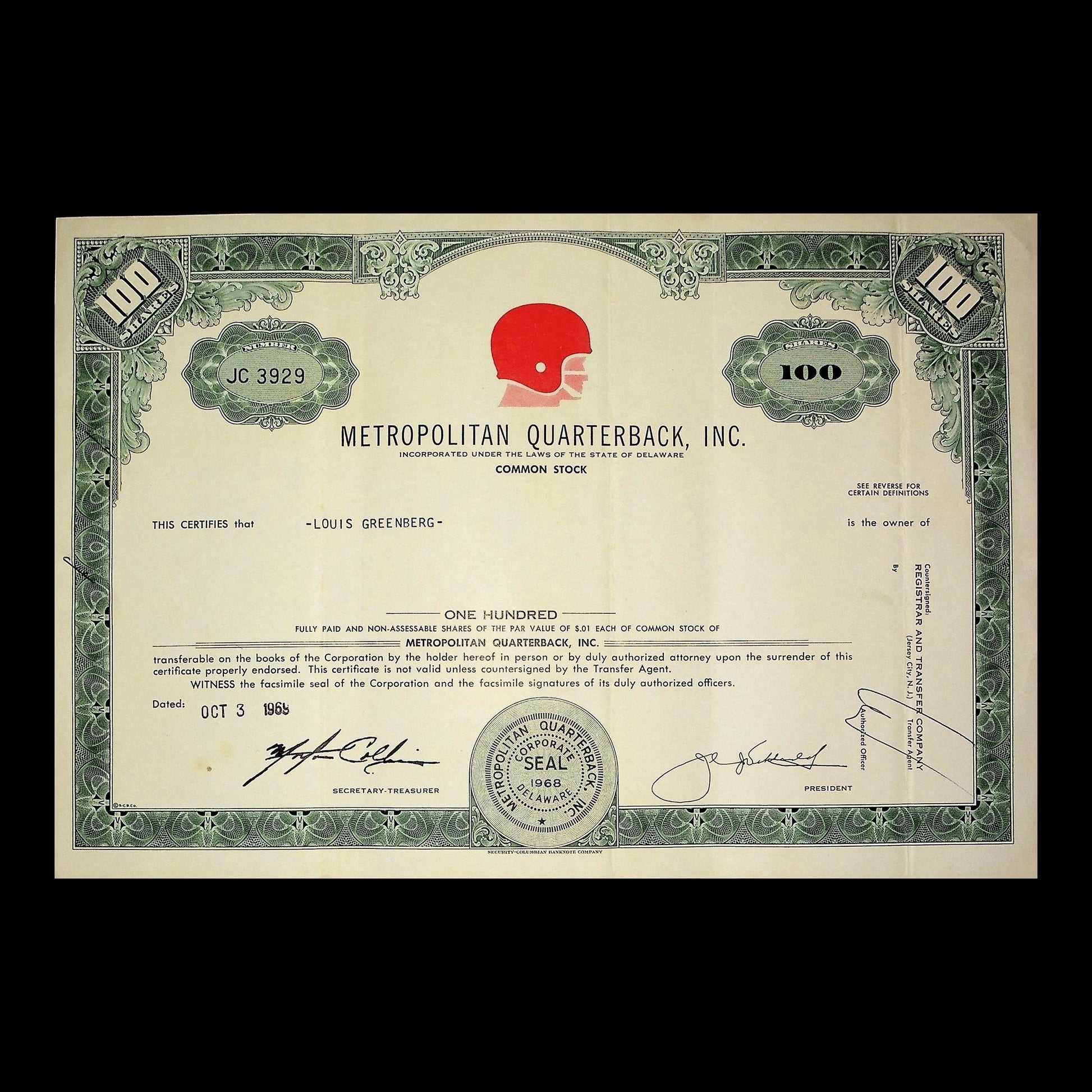 Metropolitan Quarterback, Inc. Stock Certificate from 1968