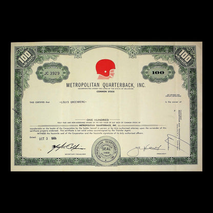 Metropolitan Quarterback, Inc. Stock Certificate from 1968