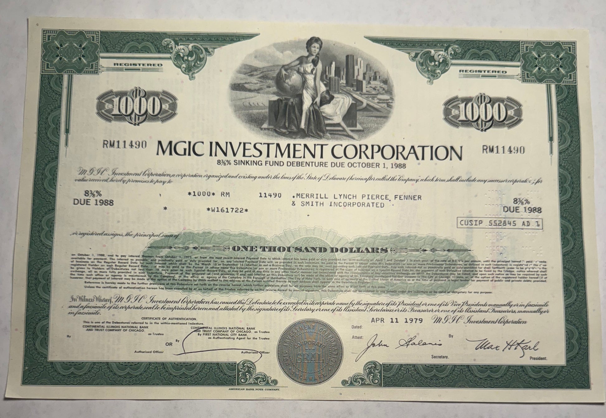 MGIC Investment Corporation Bond Certificate - green for $1,000. Vignette of woman in front of a cityscape