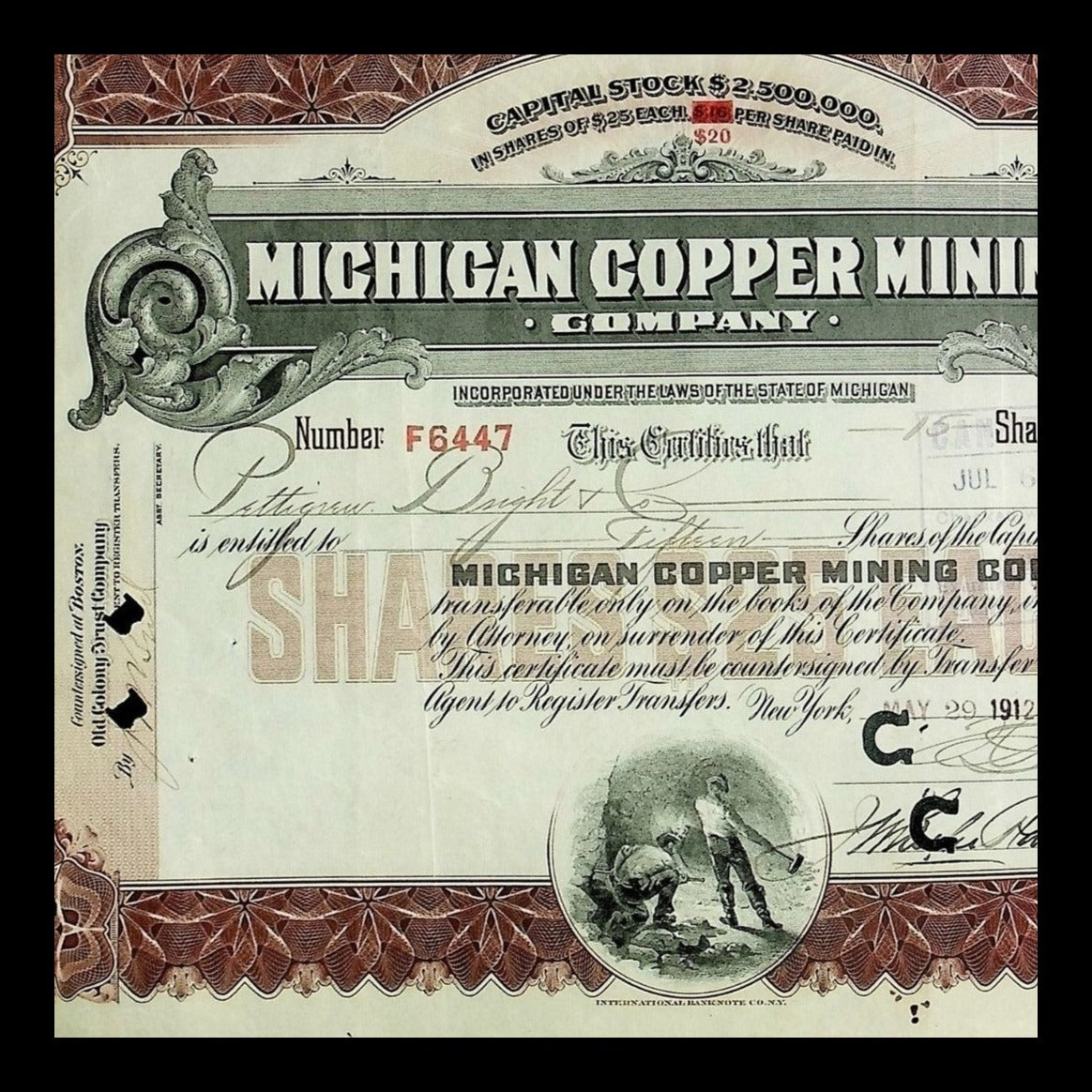 Michigan Copper Mining Company Stock Certificate