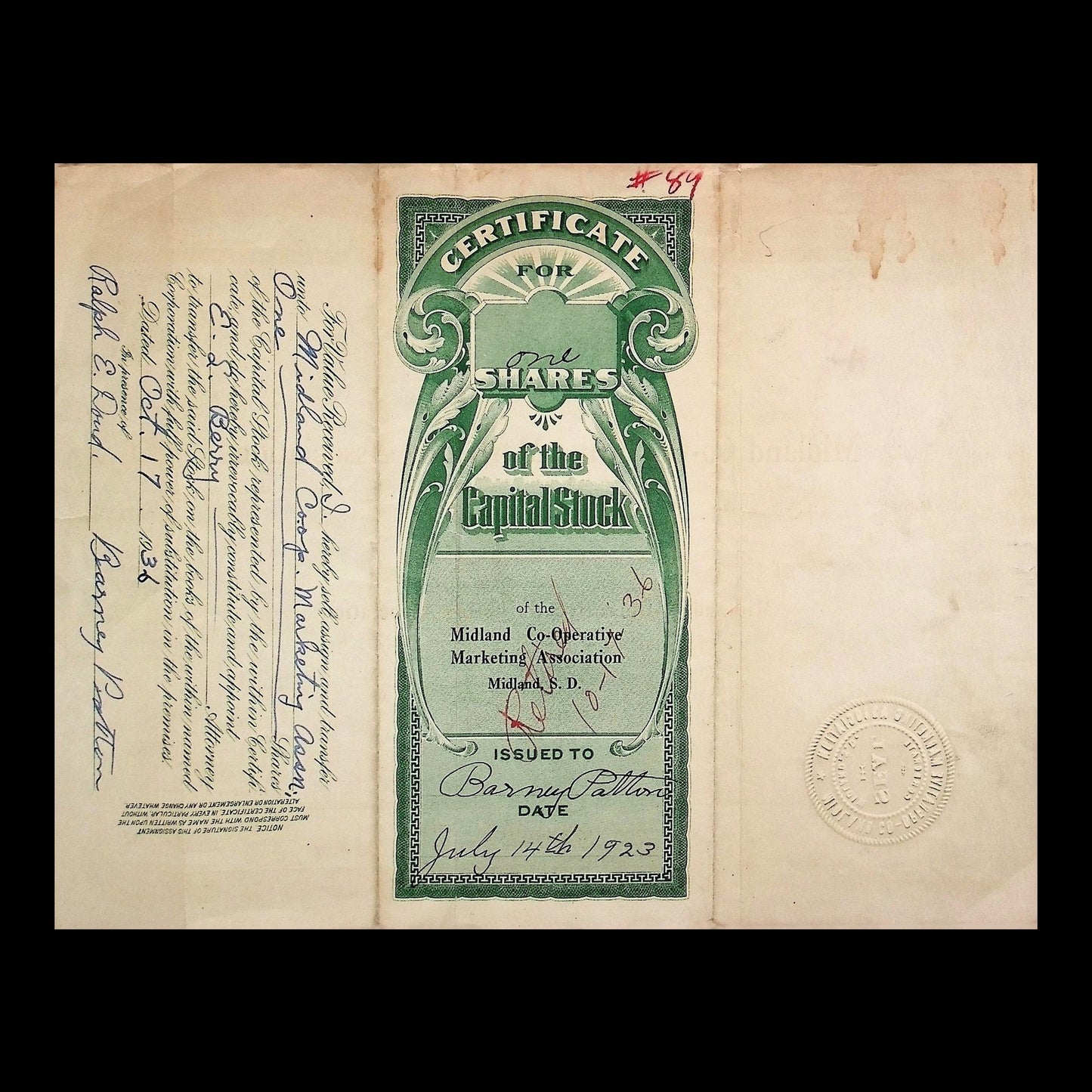 Midland Co-Operative Marketing Association Stock Certificate from 1923