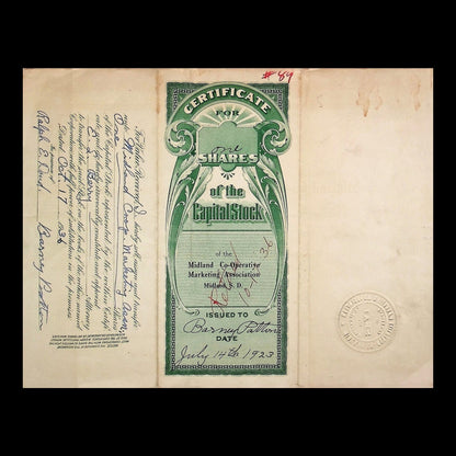 Midland Co-Operative Marketing Association Stock Certificate from 1923