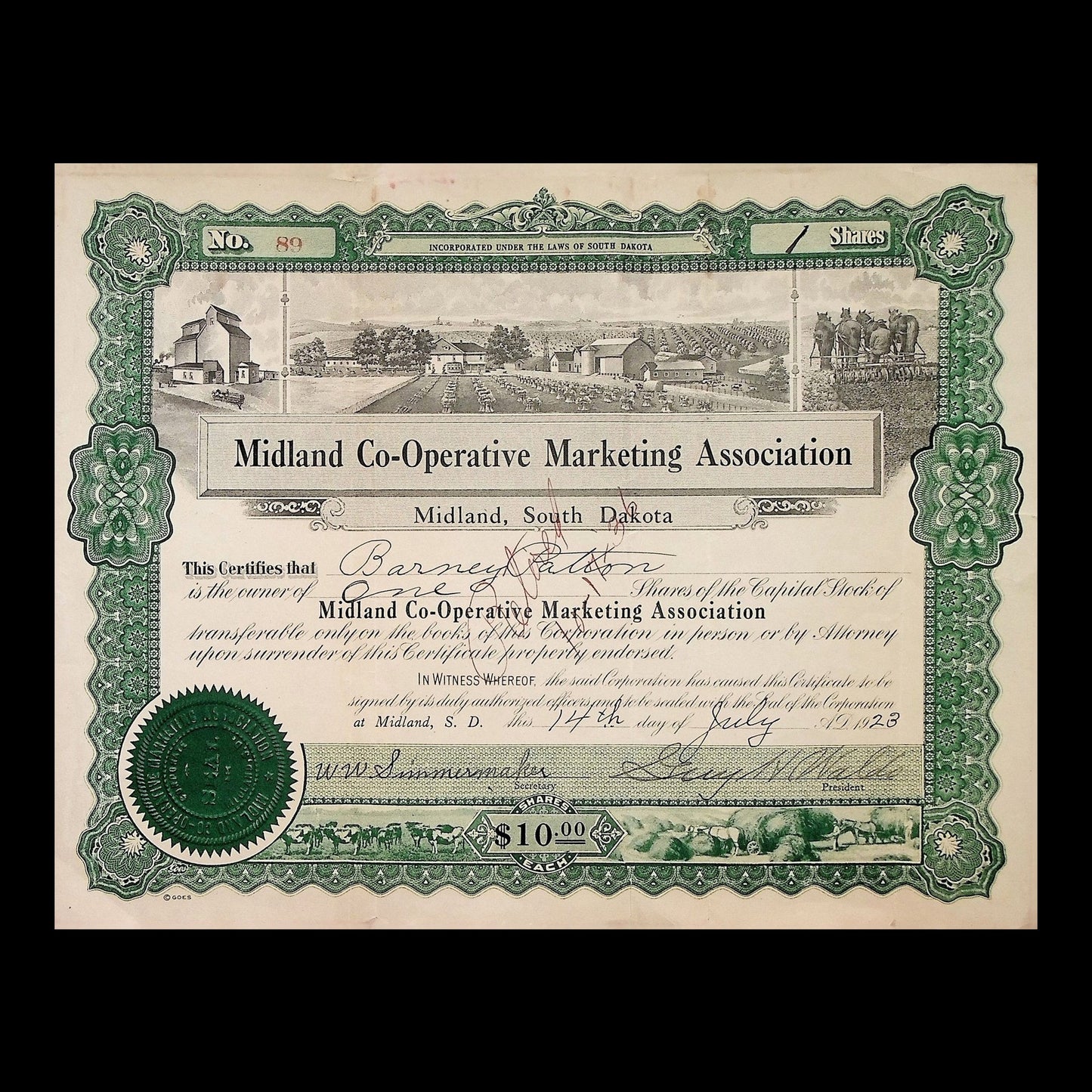 Midland Co-Operative Marketing Association Stock Certificate from 1923