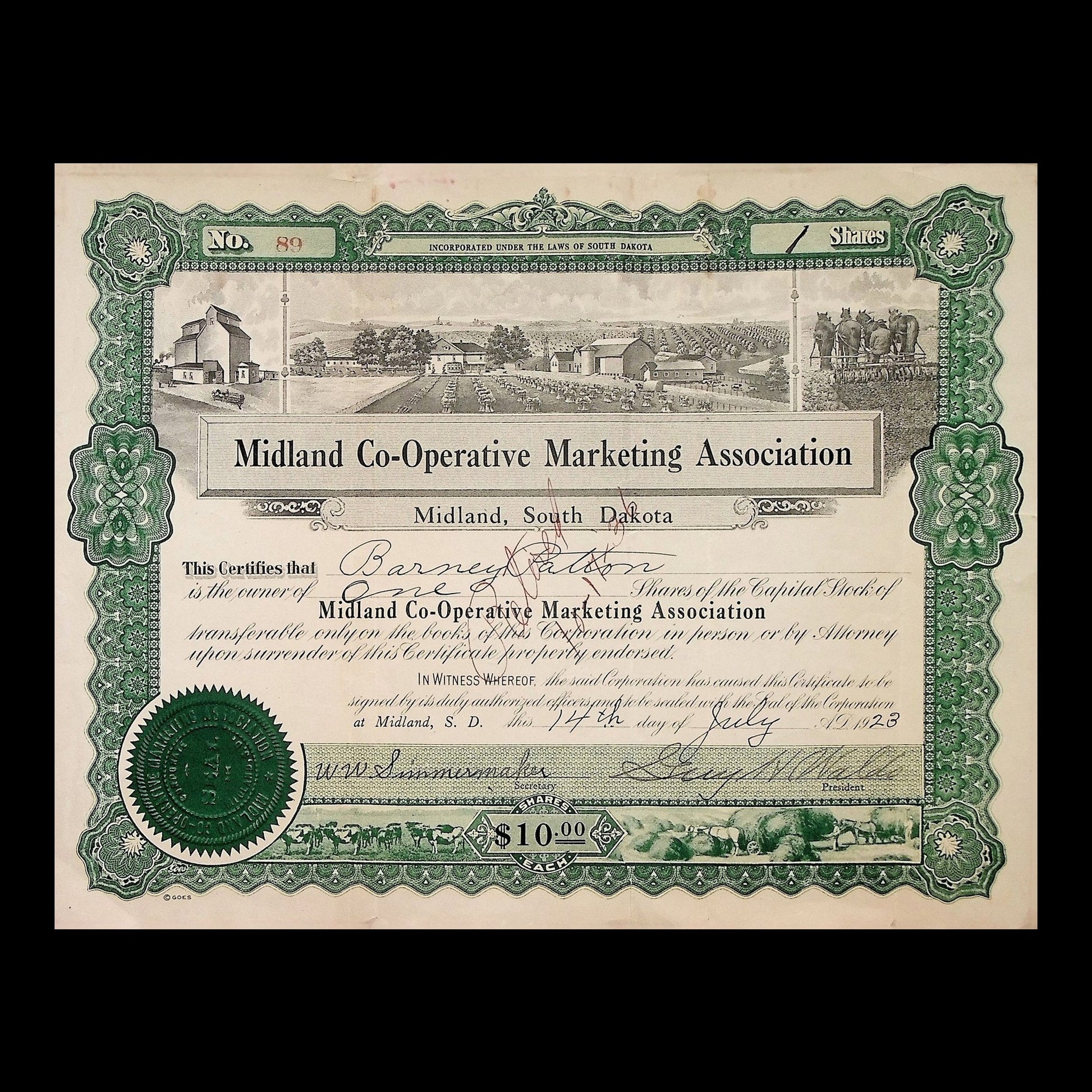 Midland Co-Operative Marketing Association Stock Certificate from 1923