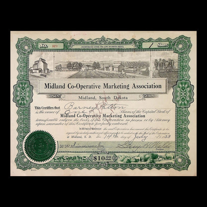 Midland Co-Operative Marketing Association Stock Certificate from 1923