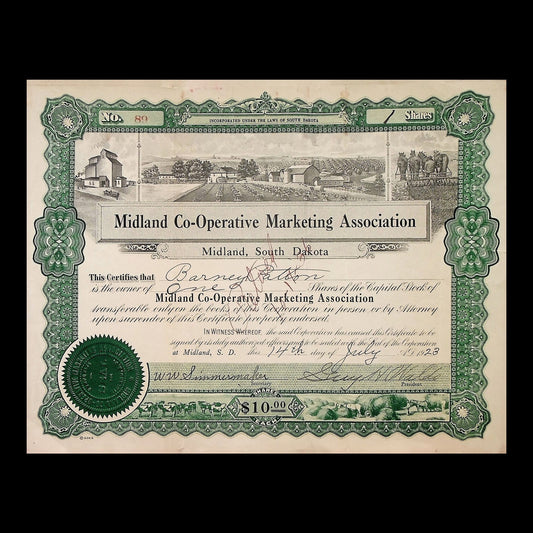 Midland Co-Operative Marketing Association Stock Certificate from 1923