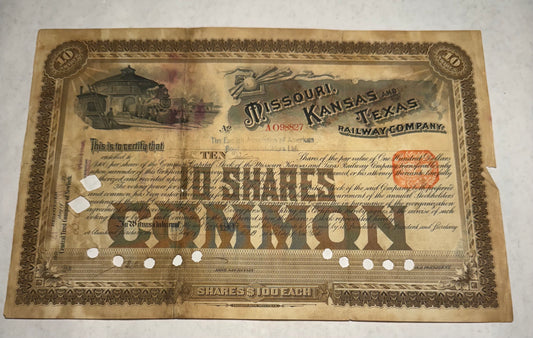  brown stock certificate from the Missouri, Kansas and Texas Railway Company