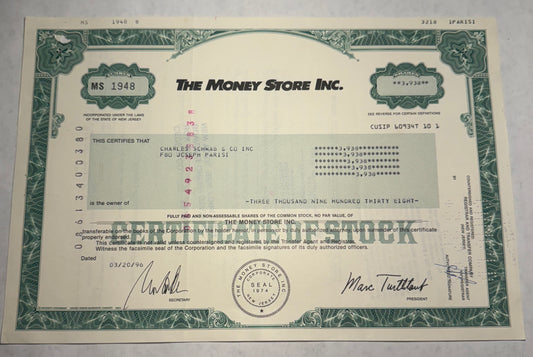  ChatGPT This green stock certificate from The Money Store Inc, issued in 1996, features cancellation holes, stamps, and handwritten annotations, indicating its authenticity and historical use.