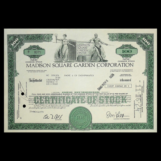 Madison Square Garden (MSG) Stock Certificate from 1970s - NY Rangers & Knicks