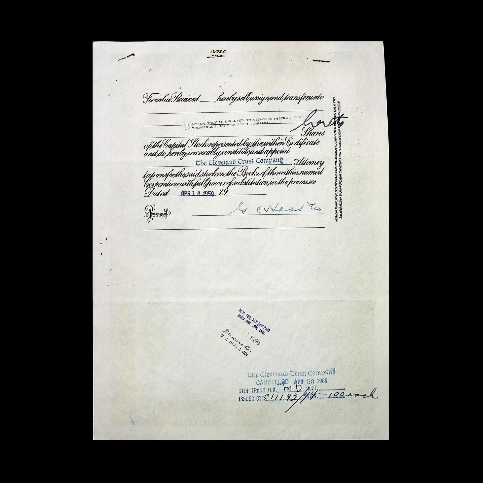 National Tool Company Stock Certificate from 1959