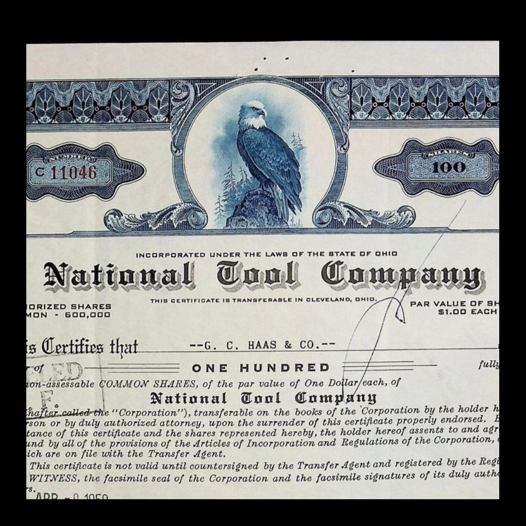 National Tool Company Stock Certificate from 1959