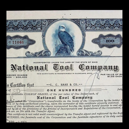 National Tool Company Stock Certificate from 1959