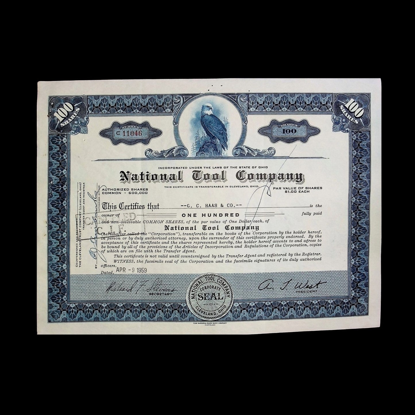 National Tool Company Stock Certificate from 1959