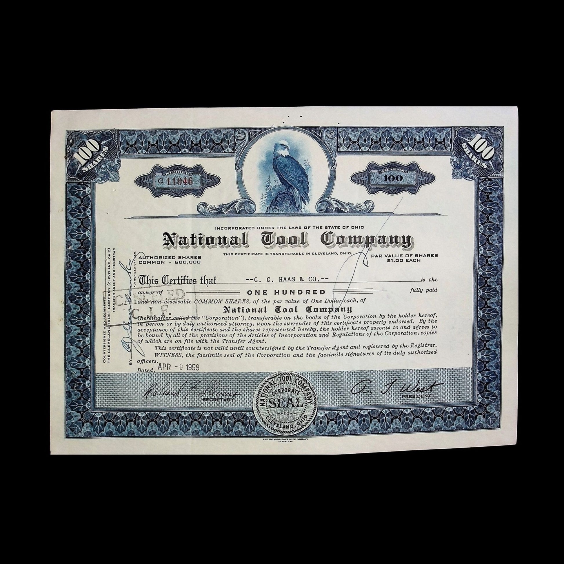 National Tool Company Stock Certificate from 1959