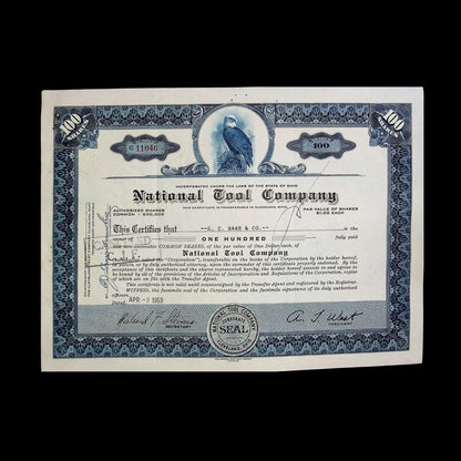 National Tool Company Stock Certificate from 1959