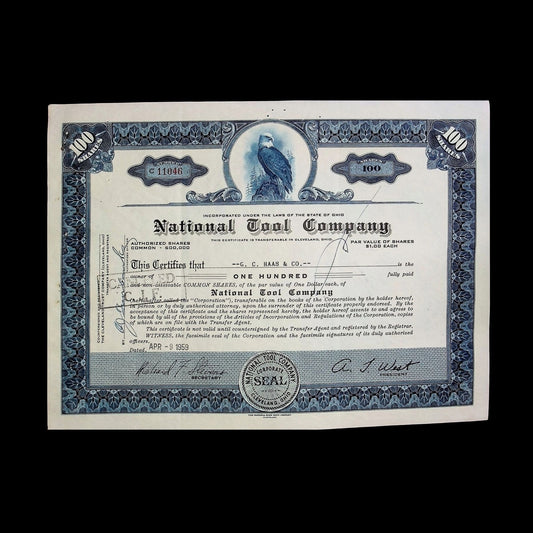 National Tool Company Stock Certificate from 1959