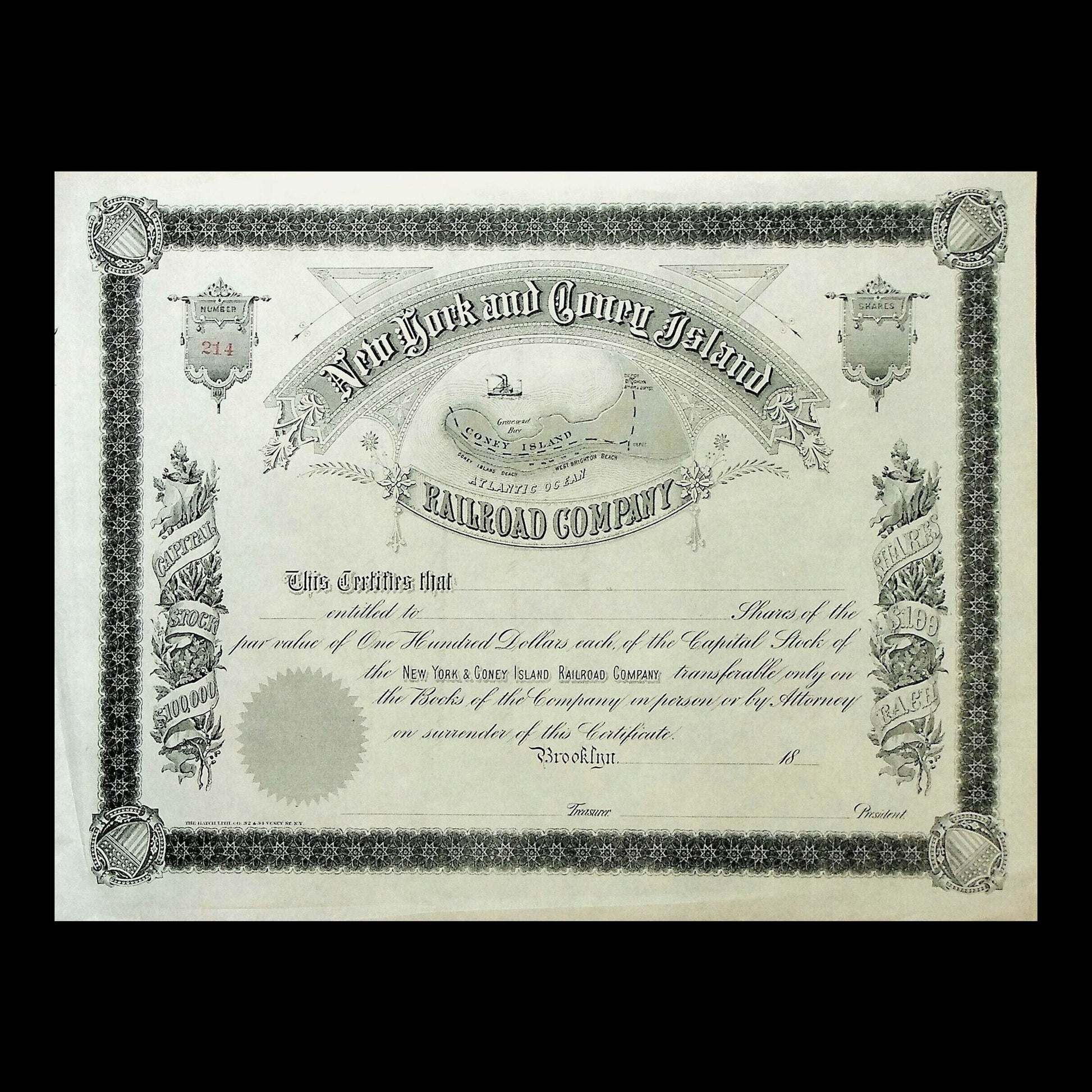 New York and Coney Island Railroad Company Stock Certificate