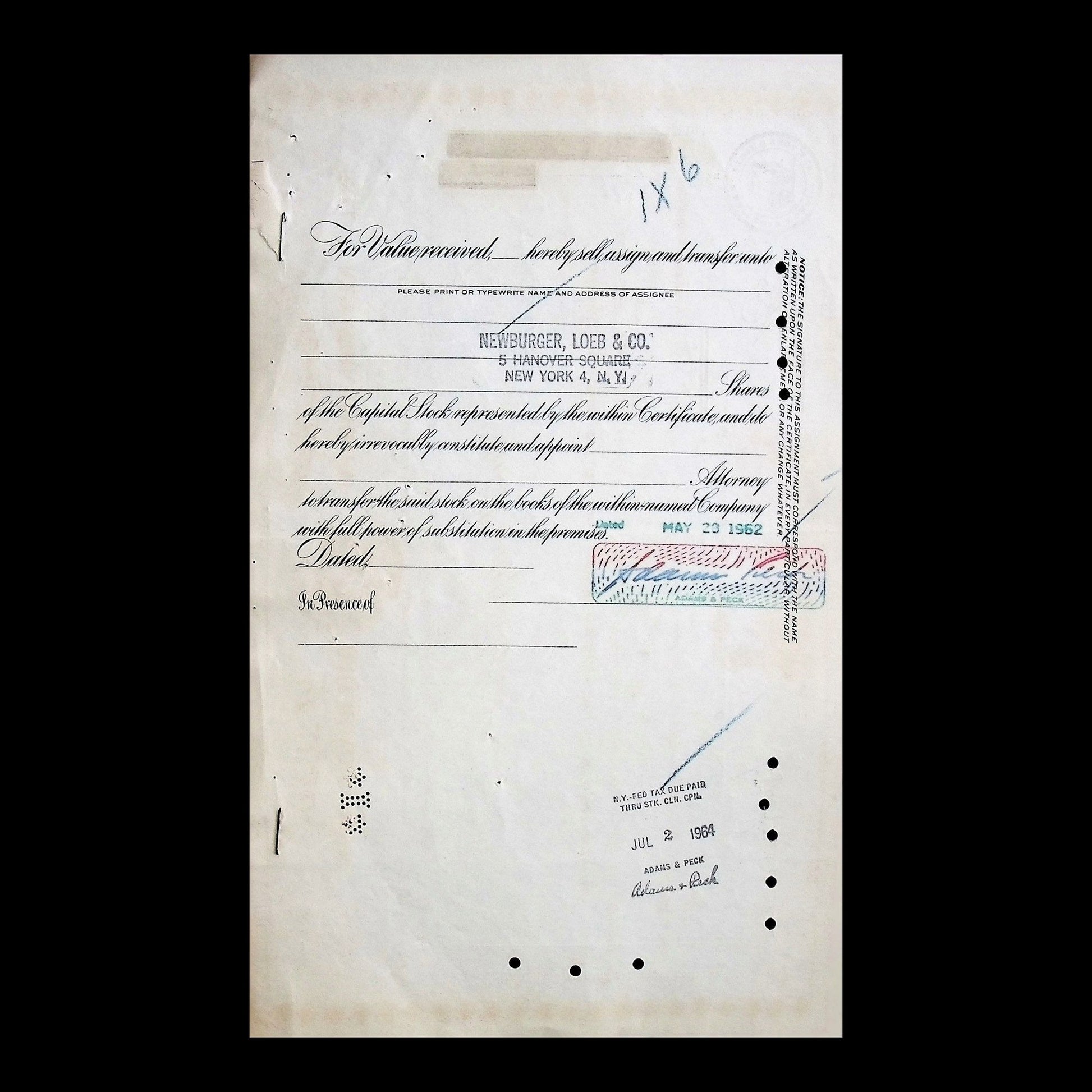 New York and Harlem Railroad Company Stock Certificate from 1962
