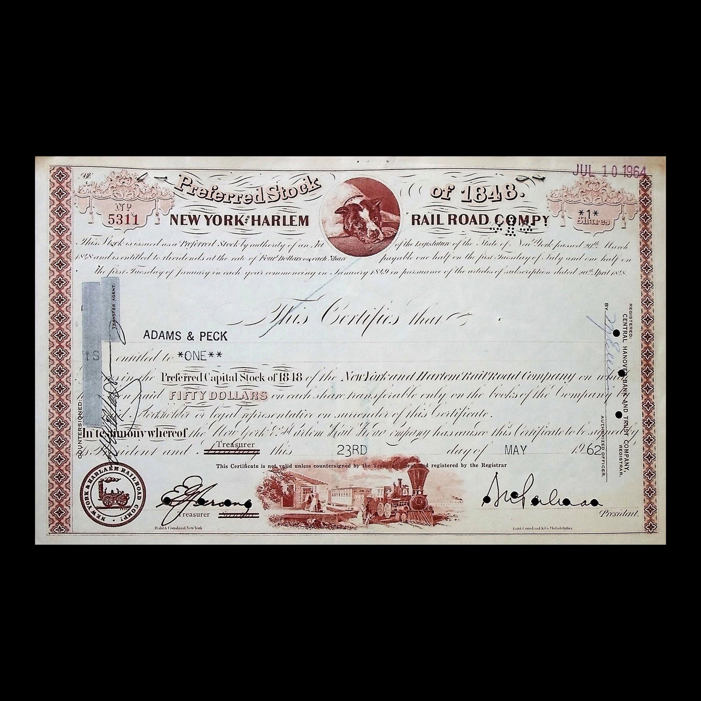 New York and Harlem Railroad Company Stock Certificate from 1962