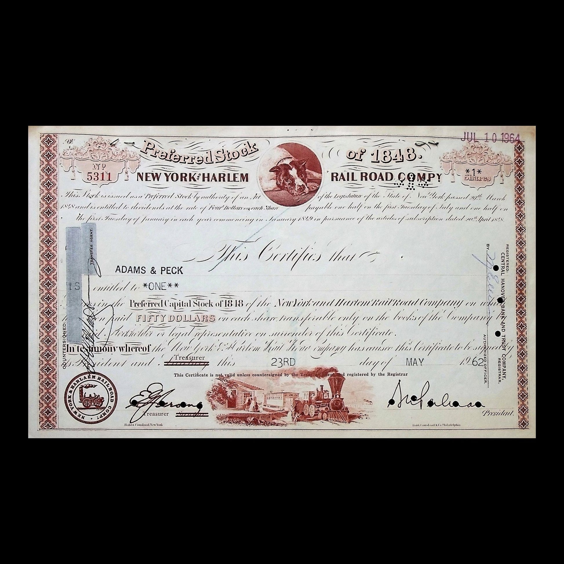 New York and Harlem Railroad Company Stock Certificate from 1962