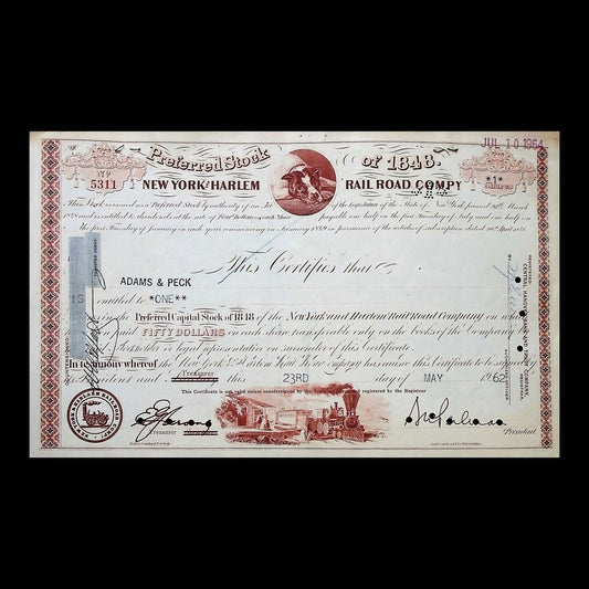 New York and Harlem Railroad Company Stock Certificate from 1962