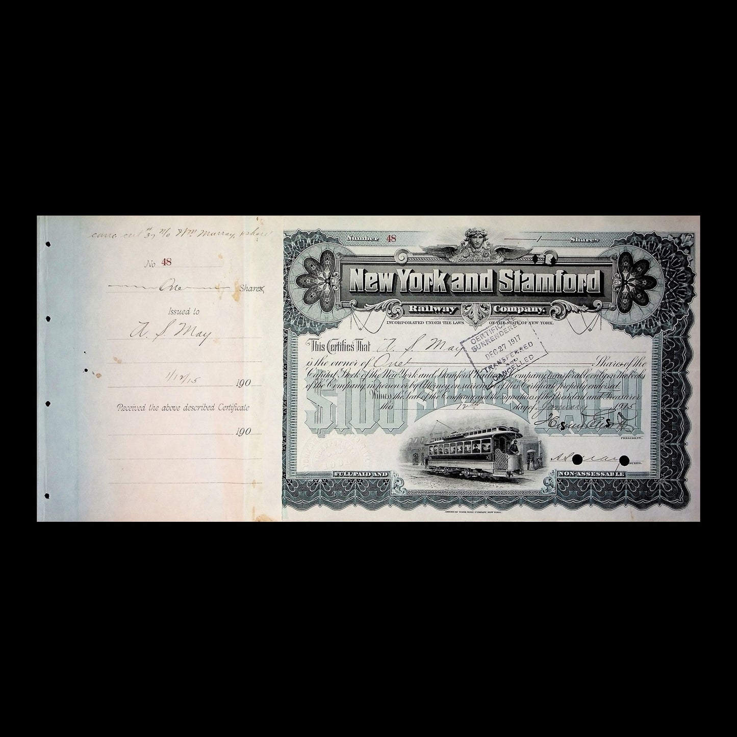 New York and Stamford Railway Company Stock Certificate