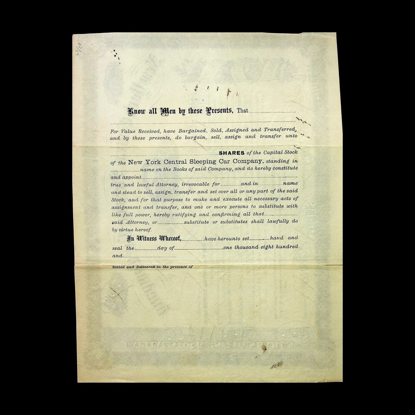 New York Central Sleeping Car Company Stock Certificate from 1800s