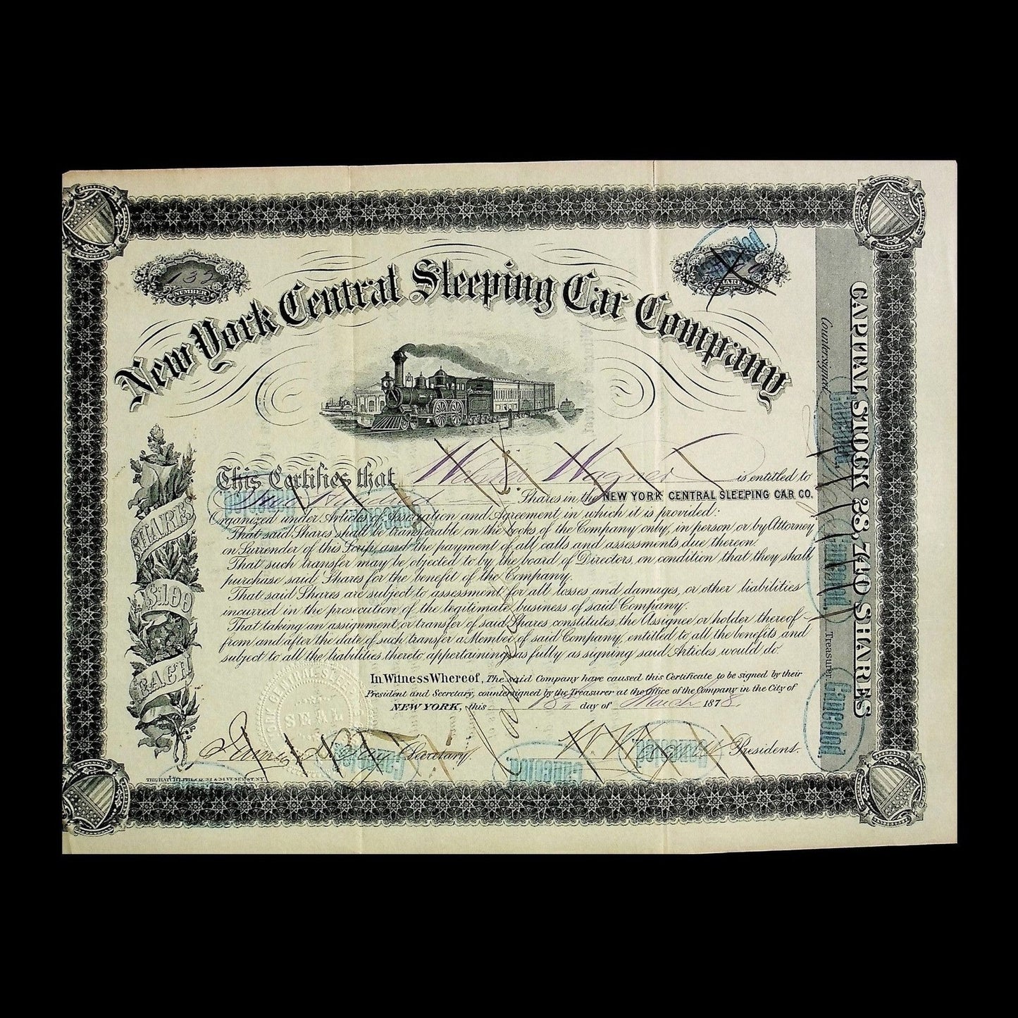 New York Central Sleeping Car Company Stock Certificate from 1800s