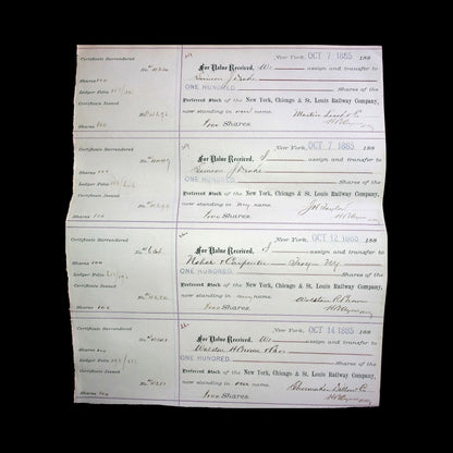 New York, Chicago & St. Louis Railway Stock Transfer Receipts from 1885