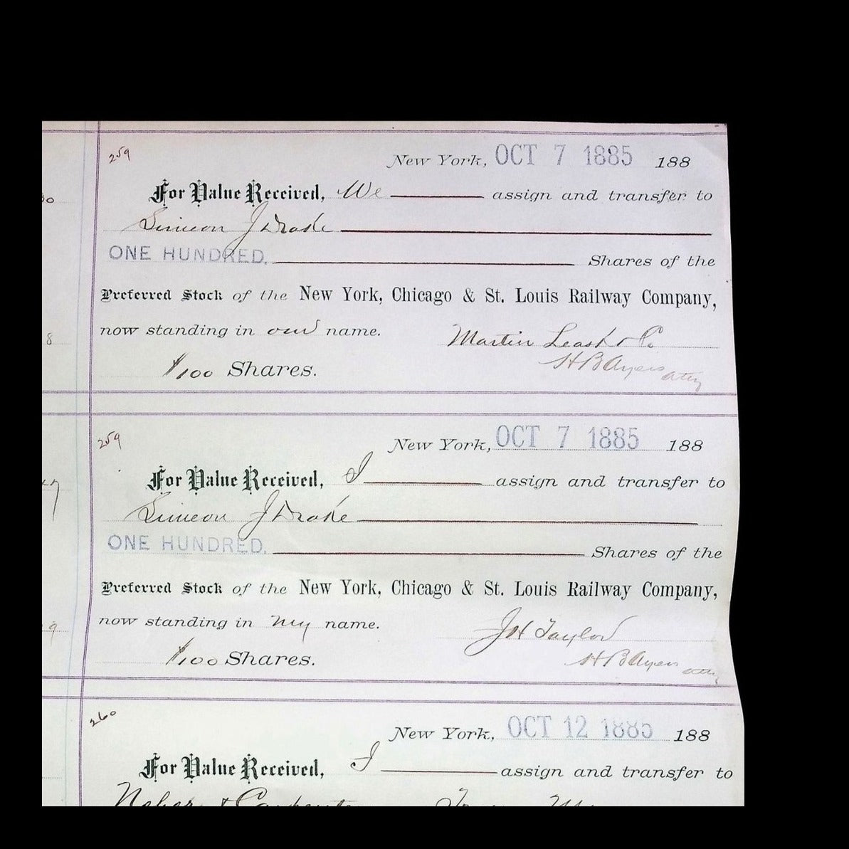 New York, Chicago & St. Louis Railway Stock Transfer Receipts from 1885