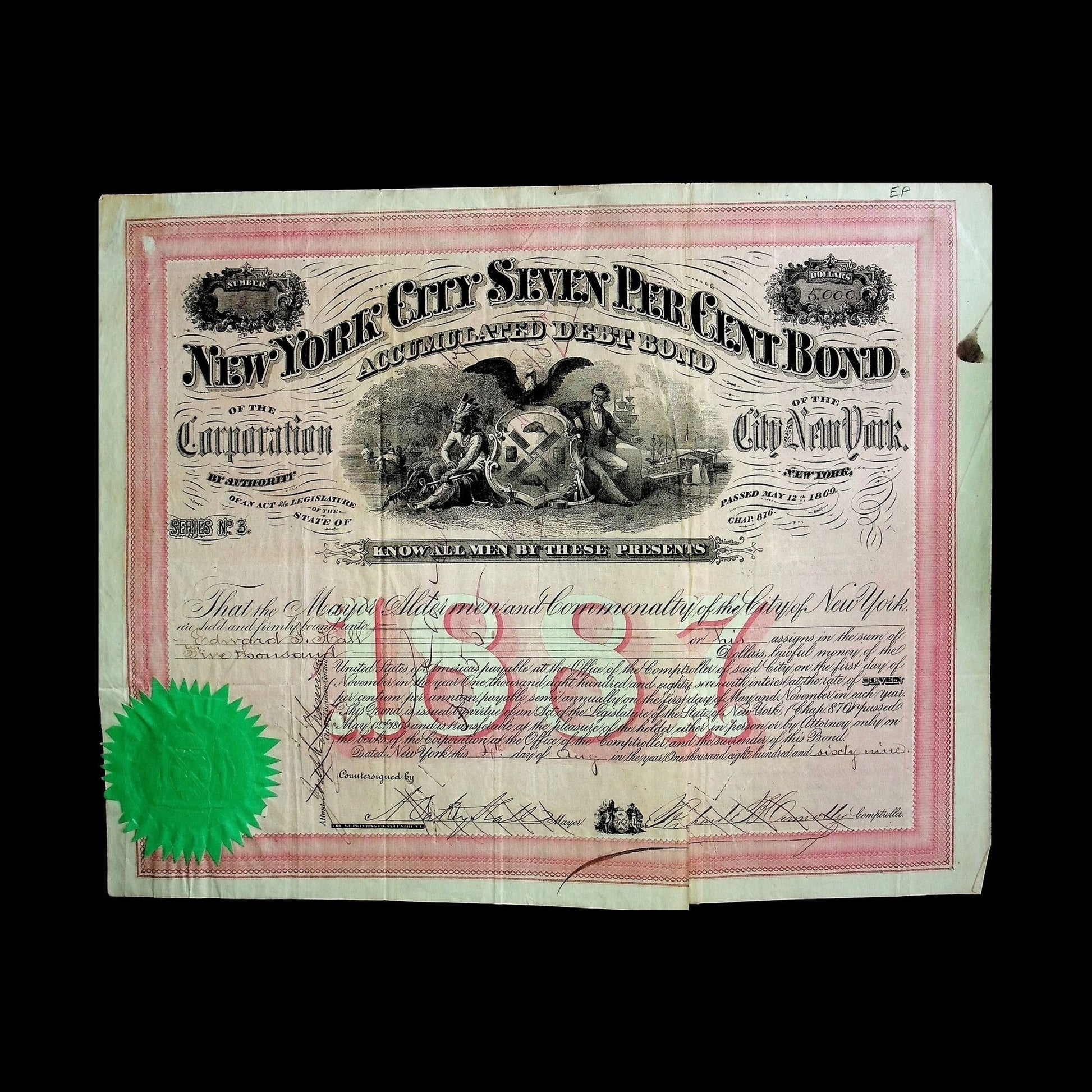 New York City Seven Per Cent Bond from 1869