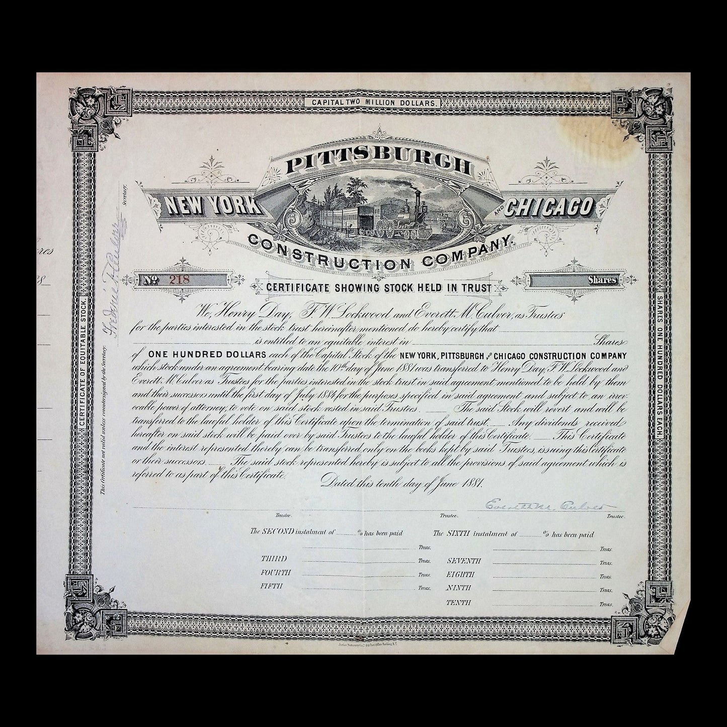 New York, Pittsburgh & Chicago Construction Company Stock Certificate from 1881