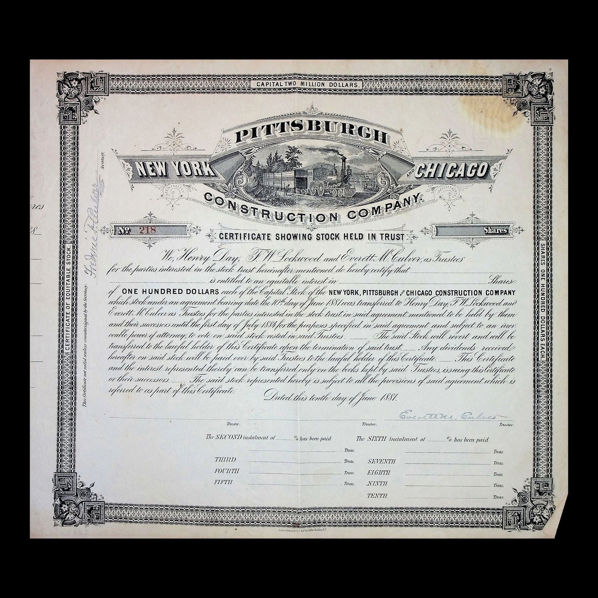 New York, Pittsburgh & Chicago Construction Company Stock Certificate from 1881