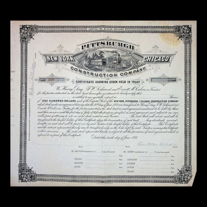 New York, Pittsburgh & Chicago Construction Company Stock Certificate from 1881