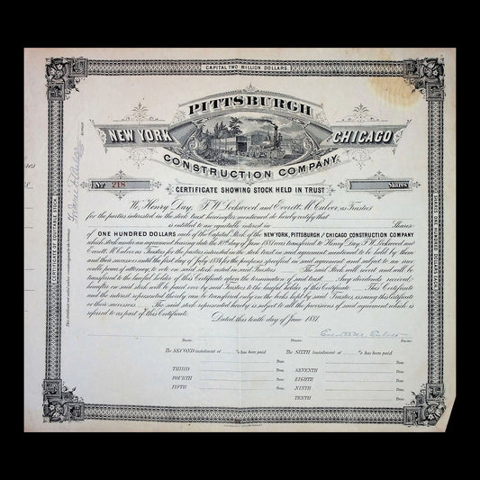 New York, Pittsburgh & Chicago Construction Company Stock Certificate from 1881