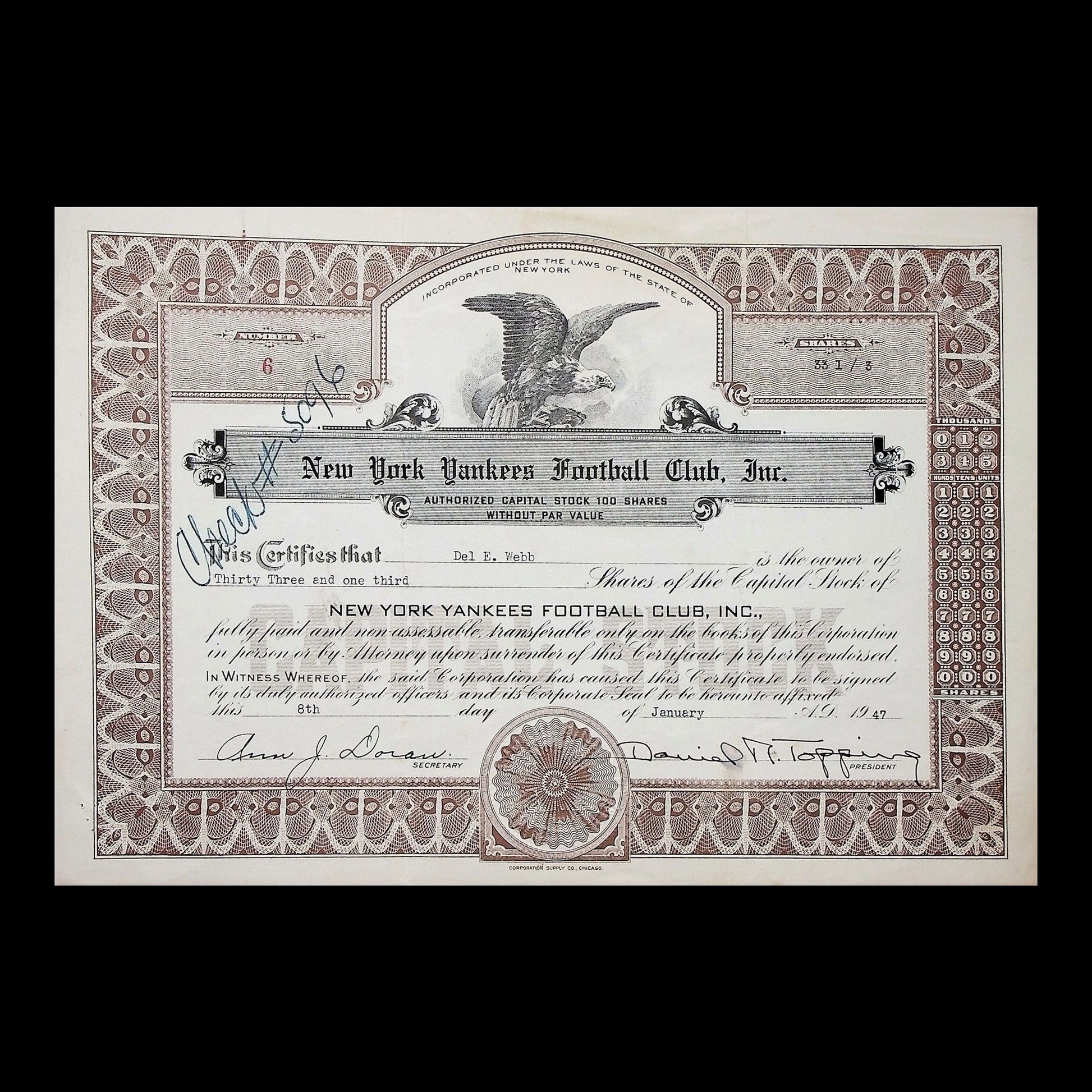 New York Yankees Football Club Stock Certificate from 1947