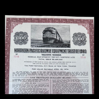 Northern Pacific Railway Equipment Trust Bond from 1960