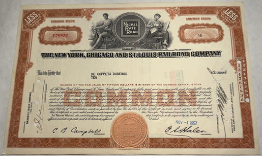 This is a brown stock certificate from the New York Chicago and St. Louis Railroad Company, issued in 1957. It features a vignette of a man and a woman with Nickel Plate Road mentioned.