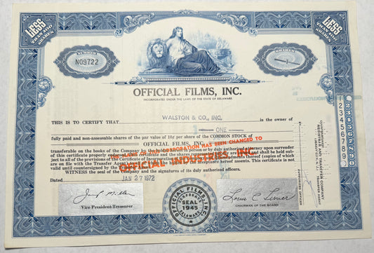 Official Films, Inc blue stock certificate 1972 