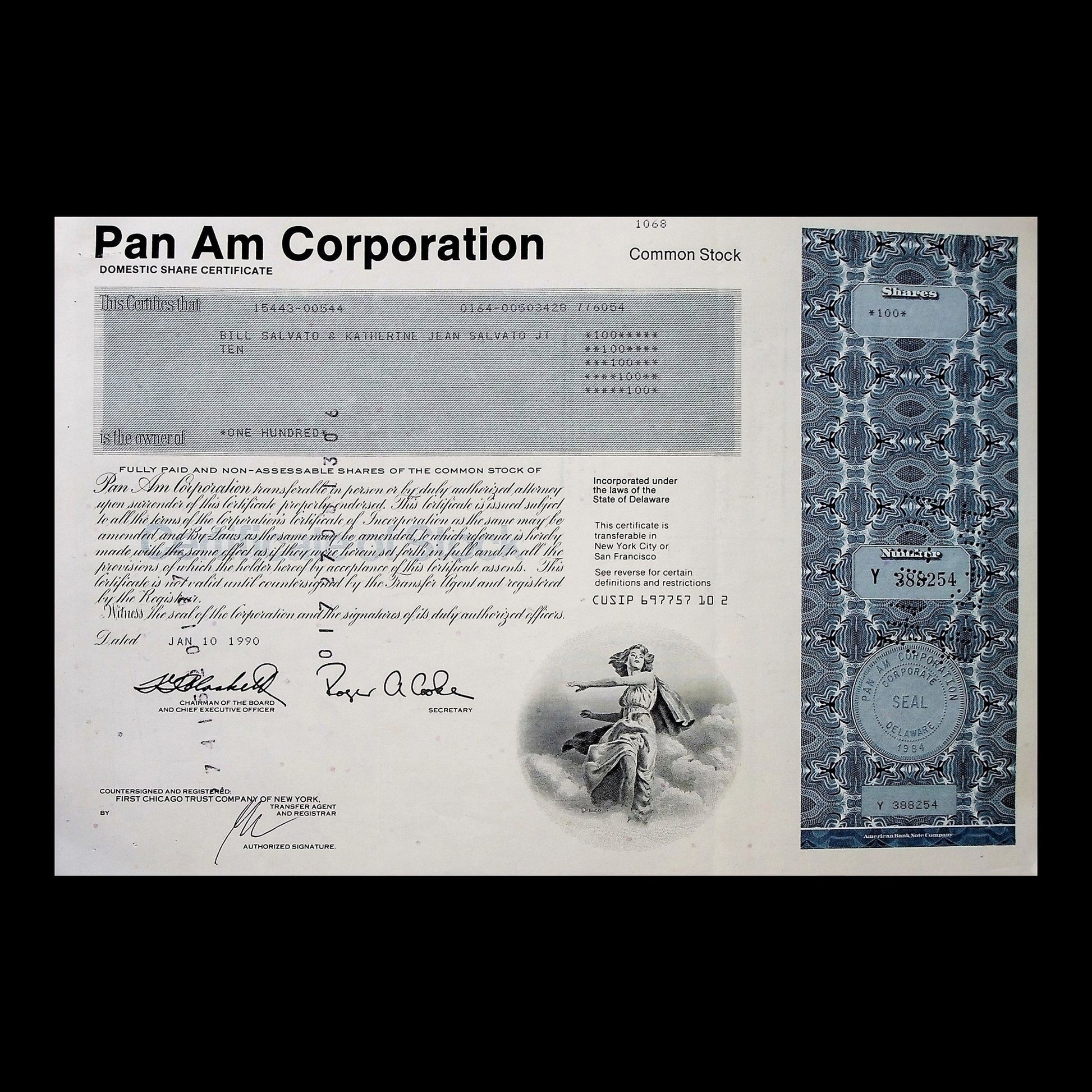 Pan Am Corporation Stock Certificate from 1990