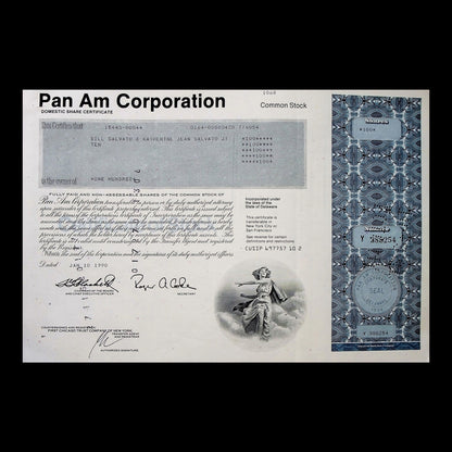 Pan Am Corporation Stock Certificate from 1990