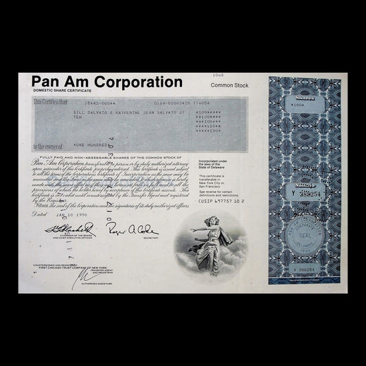 Pan Am Corporation Stock Certificate from 1990